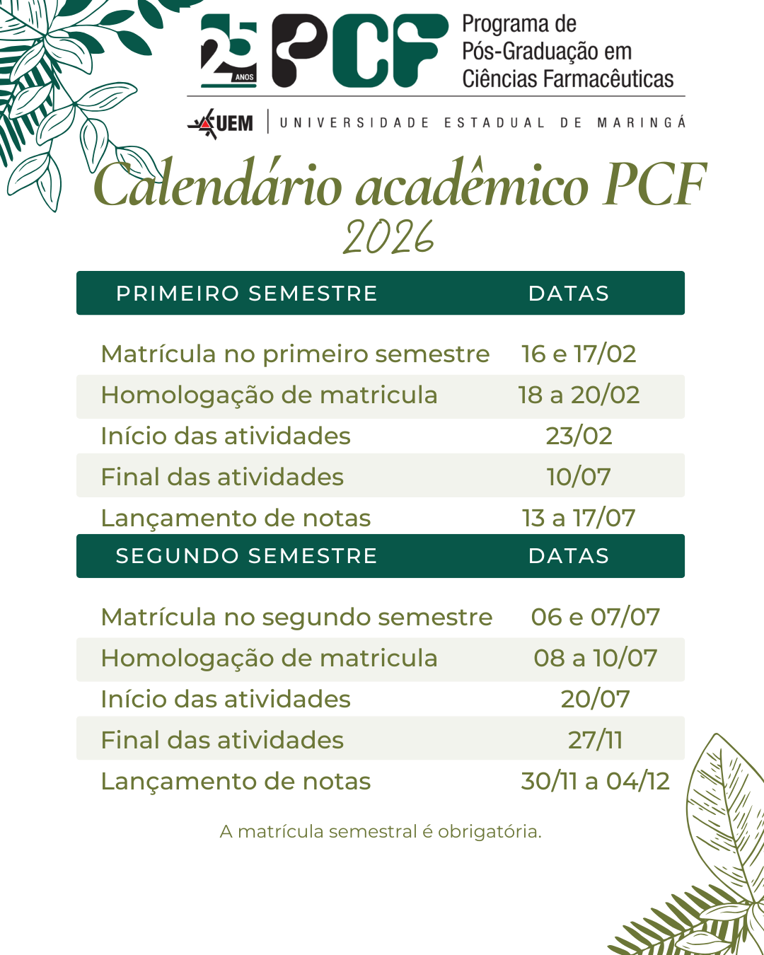 Calendário acadêmico 2026