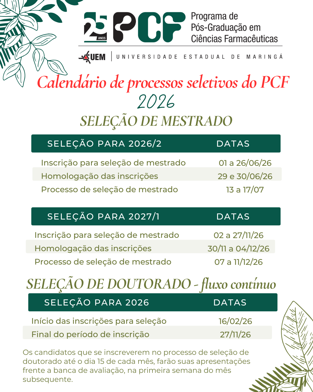 Calendário de seleção de mestrado e doutorado