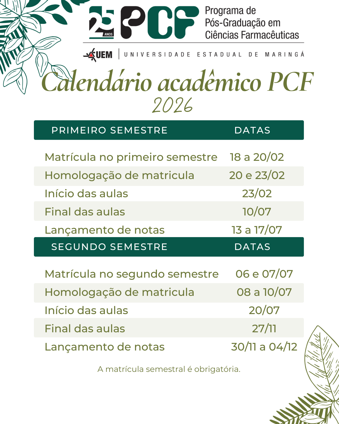 Cronograma de matrícula em disciplinas do PCF